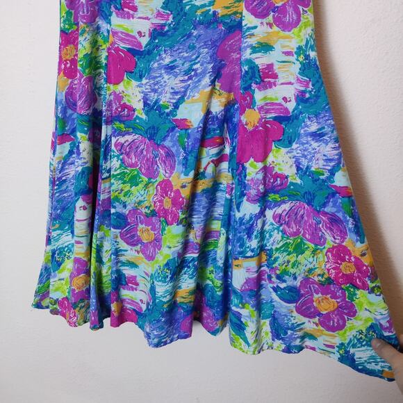 Vintage 90s Shok Abstract Floral Flouncy Skater Dress Small 7 Colorful Tropical - Picture 4 of 9